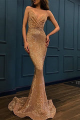 Sequined Spaghetti Strap V-Neck Sleeveless Mermaid Prom Dress Evening Gown