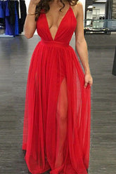 Stunning Red Deep V-Neck Long Prom Dress with Slit, Elegant Formal Evening Gown