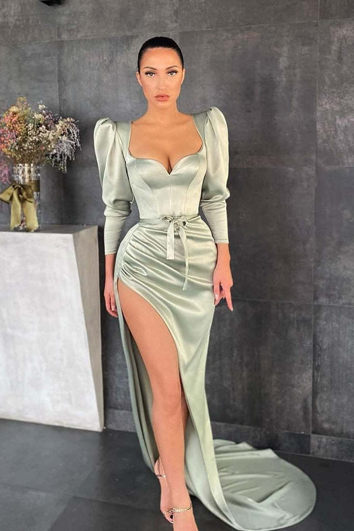 Elegant Dusty Sage Long Sleeve Prom Dress with Split and Bowknot Detail