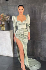 Elegant Dusty Sage Long Sleeve Prom Dress with Split and Bowknot Detail
