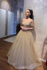 Elegant Sweetheart Off-Shoulder Beaded A-Line Wedding Gown with Tulle Ruffles