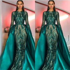 Emerald Green Long Sleeves Mermaid Sequin Prom Dress with Detachable Skirt