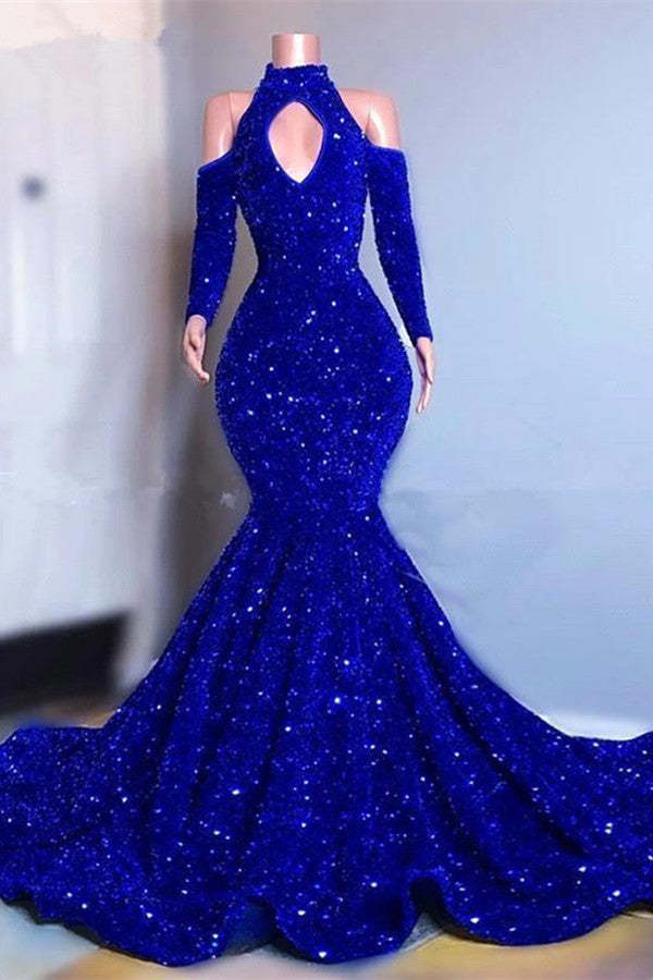 Royal Blue Long Sleeves Mermaid Prom Dress with High Collar and Dazzling Sequins