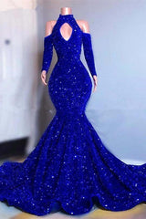 Royal Blue Long Sleeves Mermaid Prom Dress with High Collar and Dazzling Sequins