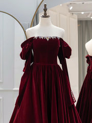 Elegant A-Line Long Sleeves Velvet Burgundy Prom Dress with Exquisite Beads