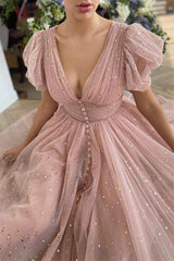 Elegant Taupe Pink V-Neck Short Sleeves Prom Dress with Sequin Embellishments