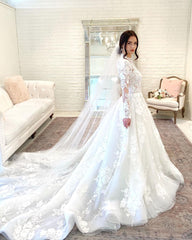Elegant High-Neck A-Line Wedding Gown with Lace Sleeves and Open Back Design