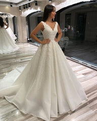 Elegant A-Line V-Neck Lace Wedding Dress, Sleeveless, Long, with Court Train