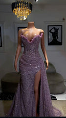 Light Purple Beaded High Split Evening Mermaid Prom Wedding Dresses