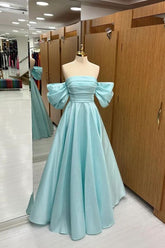 A-Line Off-Shoulder Satin Blue Long Prom Dress with Lace-Up Back