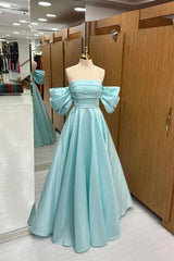 A-Line Off-Shoulder Satin Blue Long Prom Dress with Lace-Up Back