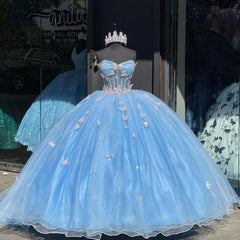 Sky Blue 3D Butterfly Quinceañera Sweet 16 Prom Ball Gown