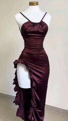 Satin Backless Strapless Ruffled Bodycon Long Evening Dress With Bra