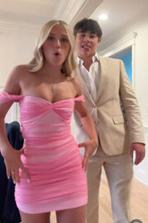 Pink Off Shoulder Satin Short Party Sheath Dress with Bra