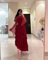 Women's Ankle-Length Sequin O-Neck Tiered Burgundy Evening Gown