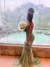 Green Sequin Mermaid Evening Gown for Black Girls, Sleeveless