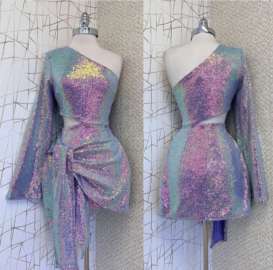 One-Shoulder Sequin Homecoming Dress with Single Long Sleeve