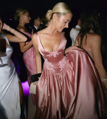 Floor-Length Satin A-Line Pink Evening Gown with Built-In Bra