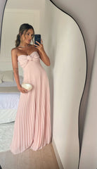 Strapless A Line Long Prom Dress Pleated Formal Pink Party Gown