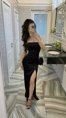 Satin Black Prom Dress Evening Party Gown with Side Slit
