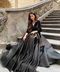 Black Satin Long-Sleeve A-Line Prom Dress with Built-In Bra