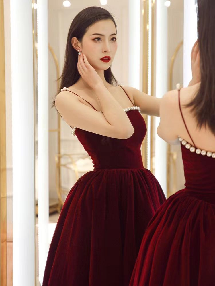 Red Velvet Spaghetti-Strap Evening Gown with Lace-Up Back