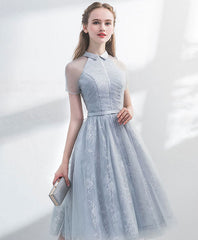 Unique Gray Tulle Lace Short Prom Dress Evening Gown