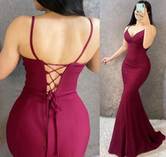 Burgundy Satin Spaghetti-Strap Backless Prom Evening Dress with Lace-Up