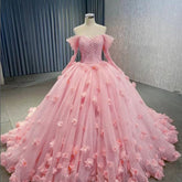 Pink Tulle Off-Shoulder AppliquΓ© Beaded Ball Gown Dress