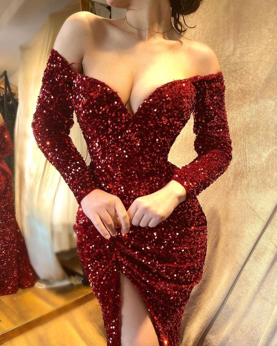 Sequin Long Sleeve Sheath Short Prom Dress with Built-In Bra
