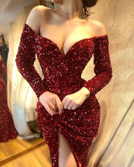 Sequin Long Sleeve Sheath Short Prom Dress with Built-In Bra