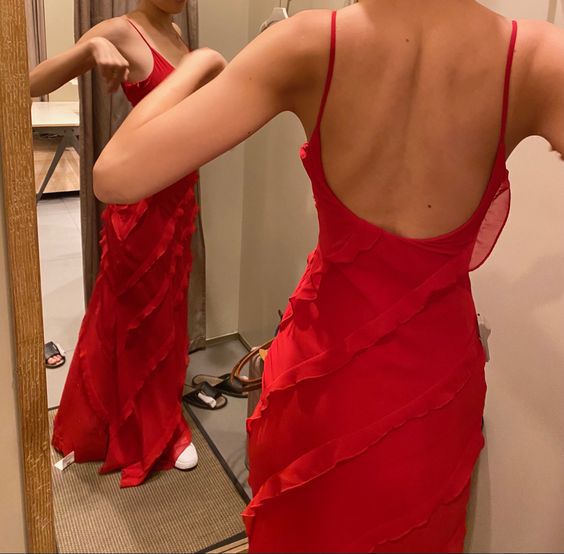 Red Chiffon Ruffle Prom Dress Floor-Length Sleeveless Zippered Built-in Bra