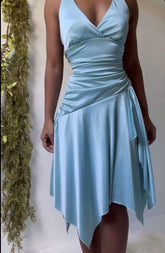 Pastel Blue Satin Sleeveless Short Prom Party Dress with Bra