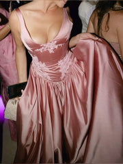 Floor-Length Satin A-Line Pink Evening Gown with Built-In Bra