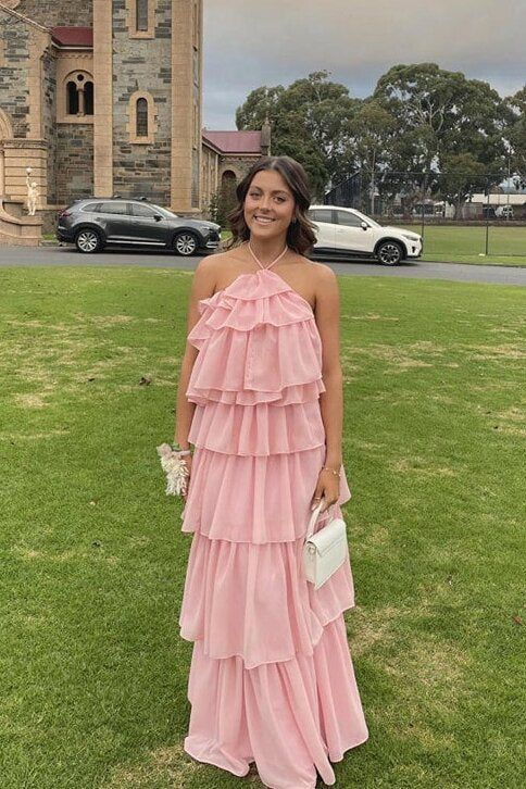 Halter Pink Chiffon Layered Floor-Length Prom Dress Elegant Supportive