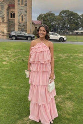 Halter Pink Chiffon Layered Floor-Length Prom Dress Elegant Supportive