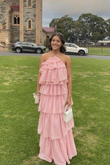 Halter Pink Chiffon Layered Floor-Length Prom Dress Elegant Supportive