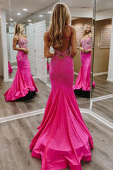 Hot Pink Satin V-Neck Mermaid Prom Dress with Beading