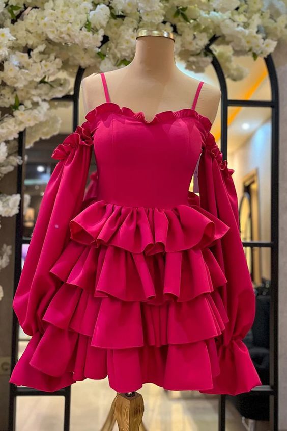 Satin Spaghetti Strap Ruffled Long Sleeve Layered Homecoming Evening Gown