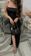 Satin Black Prom Dress Evening Party Gown with Side Slit
