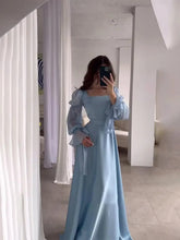 Light Blue Tiered Chiffon Puff-Sleeve Long Evening Dress
