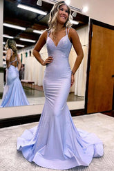 Mermaid Satin Rhinestone Spaghetti Strap Prom Dress with Built-In Bra