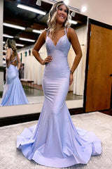 Mermaid Satin Rhinestone Spaghetti Strap Prom Dress with Built-In Bra
