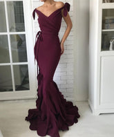 Satin V-Neck Off-Shoulder Evening Gown with Elegant Waist Bow