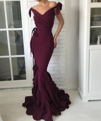 Satin V-Neck Off-Shoulder Evening Gown with Elegant Waist Bow