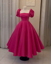 Ankle-Length Satin Ball Gown with Puffy Sleeves and Built-In Bra