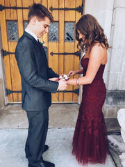 Burgundy Mermaid Lace Sweetheart Neck Long Prom Evening Gown