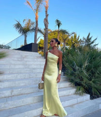 Yellow One Shoulder Straps Prom Dresses Evening Gowns Floor Length Party Wear