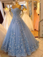 Ball Gown Sweetheart Blue Tulle Prom Dress with 3D Flowers