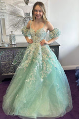 A-Line Appliques Plunge V Tulle Long Prom Dress with Sleeves